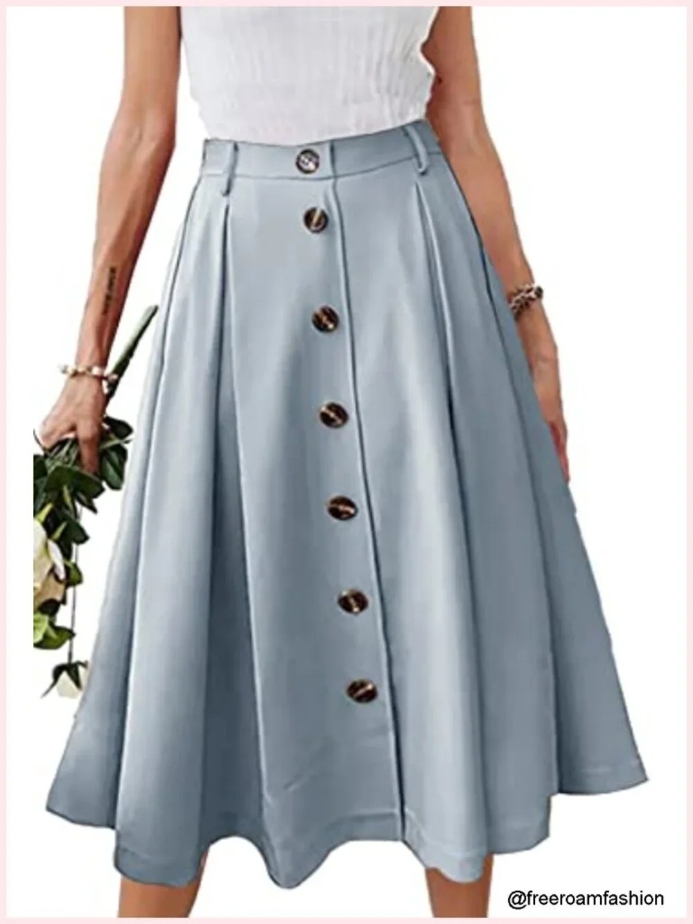 Pleated A-line Midi Skirt Elastic Waist Button Front Flared Skirt with Pockets